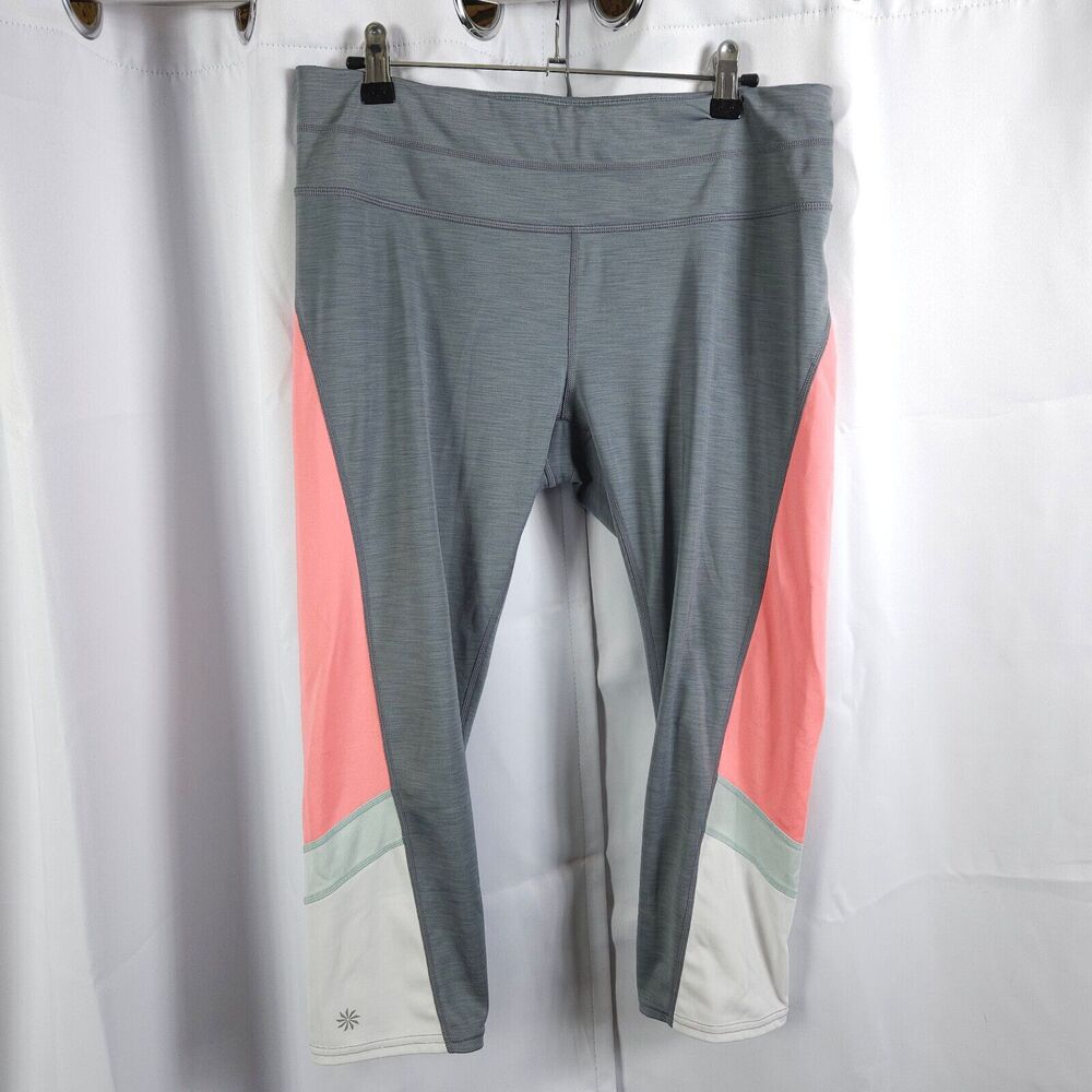 Athleta Gray Pink White Colorblock Capri Leggings Women's Large 32-34x20.5
